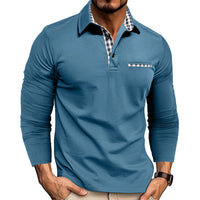 Men’s Long Sleeve Polo Shirt – Plaid Splice Casual Top