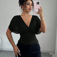 Solid-color Deep V-neck Short-sleeve Waist-cinching Top For Women