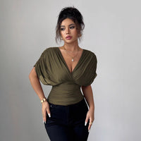 Solid-color Deep V-neck Short-sleeve Waist-cinching Top For Women