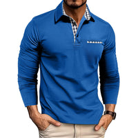Men’s Long Sleeve Polo Shirt – Plaid Splice Casual Top