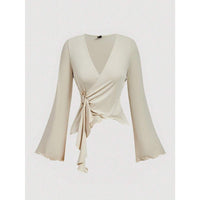 Womens Autumn New Solid-Color V-Neck Asymmetrical Long-Sleeve T-Shirt