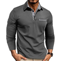 Men’s Long Sleeve Polo Shirt – Plaid Splice Casual Top