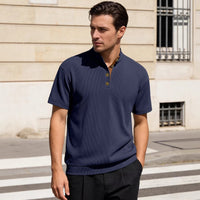 Men’s Corduroy Knit Short Sleeve Pullover – Casual Stand Collar Summer Shirt