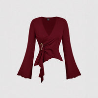 Womens Autumn New Solid-Color V-Neck Asymmetrical Long-Sleeve T-Shirt