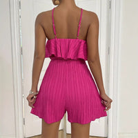 Stylish Crinkled Fabric Halterneck Ruffled Jumpsuit