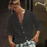 Mens Solid-color Casual Button-up Shirt Breathable