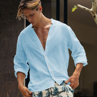 Mens Solid-color Casual Button-up Shirt Breathable