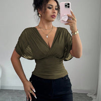 Solid-color Deep V-neck Short-sleeve Waist-cinching Top For Women