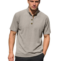 Men’s Corduroy Knit Short Sleeve Pullover – Casual Stand Collar Summer Shirt