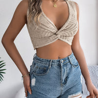 Solid Color Tie Front Knit Crop Top - Vacation Blouse