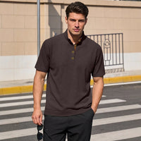 Men’s Corduroy Knit Short Sleeve Pullover – Casual Stand Collar Summer Shirt
