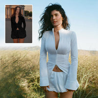 Women’s Slim Two-Piece Set – V-Neck Zipper Long-Sleeve Top & Mini Skirt