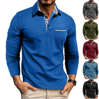 Men’s Long Sleeve Polo Shirt – Plaid Splice Casual Top