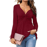 Womens V-neck Front-tie Blouse With Long Sleeves And A Pullover Design