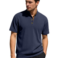 Men’s Corduroy Knit Short Sleeve Pullover – Casual Stand Collar Summer Shirt