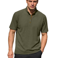 Men’s Corduroy Knit Short Sleeve Pullover – Casual Stand Collar Summer Shirt