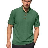 Men’s Corduroy Knit Short Sleeve Pullover – Casual Stand Collar Summer Shirt
