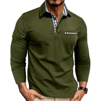 Men’s Long Sleeve Polo Shirt – Plaid Splice Casual Top