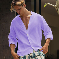 Mens Solid-color Casual Button-up Shirt Breathable