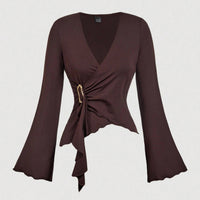 Womens Autumn New Solid-Color V-Neck Asymmetrical Long-Sleeve T-Shirt