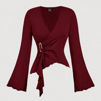 Womens Autumn New Solid-Color V-Neck Asymmetrical Long-Sleeve T-Shirt