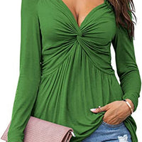 Womens V-neck Front-tie Blouse With Long Sleeves And A Pullover Design