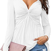 Womens V-neck Front-tie Blouse With Long Sleeves And A Pullover Design