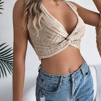 Solid Color Tie Front Knit Crop Top - Vacation Blouse