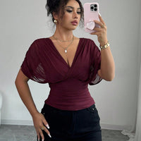 Solid-color Deep V-neck Short-sleeve Waist-cinching Top For Women