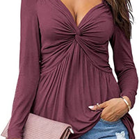 Womens V-neck Front-tie Blouse With Long Sleeves And A Pullover Design