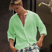 Mens Solid-color Casual Button-up Shirt Breathable