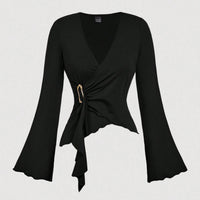 Womens Autumn New Solid-Color V-Neck Asymmetrical Long-Sleeve T-Shirt