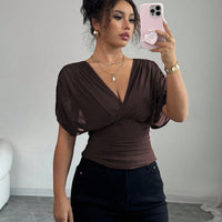 Solid-color Deep V-neck Short-sleeve Waist-cinching Top For Women