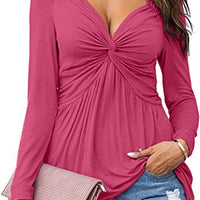 Womens V-neck Front-tie Blouse With Long Sleeves And A Pullover Design