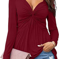 Womens V-neck Front-tie Blouse With Long Sleeves And A Pullover Design
