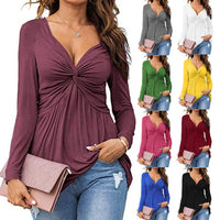 Womens V-neck Front-tie Blouse With Long Sleeves And A Pullover Design