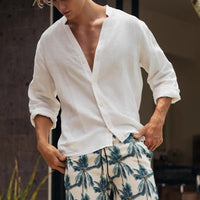 Mens Solid-color Casual Button-up Shirt Breathable