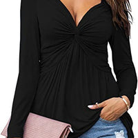 Womens V-neck Front-tie Blouse With Long Sleeves And A Pullover Design