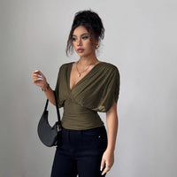Solid-color Deep V-neck Short-sleeve Waist-cinching Top For Women