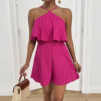 Stylish Crinkled Fabric Halterneck Ruffled Jumpsuit